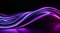 Glowing neon purple and blue wavy lines flowing on dark background with light particles and reflections create dynamic abstract motion effect for technology designs.