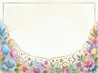 Watercolor floral border frame with colorful flowers, balloons, and gold accents on cream background. Isolated design element for invitations, cards, and decorative projects.