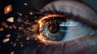Macro shot of blue human eye with creative digital spark effect and glowing particles, symbolizing vision, innovation, artificial intelligence and future technology.
