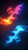 Vibrant cosmic nebula with electric lightning effects in gradient colors from fiery orange to cool blue, perfect for science fiction or fantasy backgrounds.
