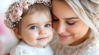 Tender moment between young mother and daughter wearing floral crown with baby breath and pink roses, soft focus portrait with gentle smile and lace details.