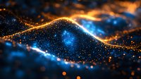 Glowing wave of golden and blue particles flowing in dark space creating dynamic abstract background with sparkling light effects and bokeh.