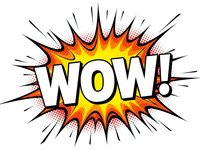 Comic book style WOW explosion burst with halftone dots and radiating lines on white background for graphic design projects and promotional materials.