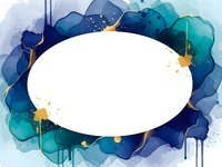 Watercolor oval frame with blue teal abstract splashes and gold accents on white background for wedding invitations and greeting cards.