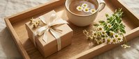 Cozy morning scene with herbal tea cup, wrapped gift box and chamomile flowers on wooden tray. Relaxing breakfast setup for wellness lifestyle.