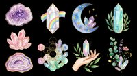 Watercolor crystal and gemstone clipart set isolated on transparent background, featuring geodes, moon, rainbow, and botanical elements for stickers, t-shirts, and print on demand.