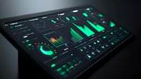Digital dashboard with glowing green data visualization charts, graphs and analytics interface on dark screen for business intelligence and monitoring.