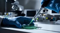 Laboratory scientist in blue gloves using pipette to transfer green liquid sample in petri dish for medical research and scientific analysis in modern lab.