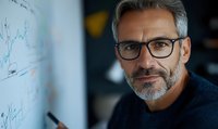 Confident mature businessman with gray hair and glasses analyzing financial data on whiteboard, wearing navy sweater. Professional corporate environment.