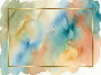Abstract watercolor wash in soft pastels of blue, yellow, orange and green with gold frame border, suitable for backgrounds, web design, presentations and creative projects.