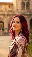 Young Caucasian woman with vibrant red-purple hair smiling outdoors near historic stone architecture in warm golden light.