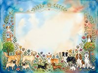 Watercolor frame with cute dogs, flowers and trees, blank space for text, pet-themed border for greeting cards, invitations and posters.