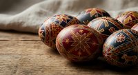 Traditional decorated Easter eggs with intricate folk patterns on rustic wooden surface, perfect for holiday celebrations and cultural traditions.