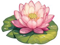 Pink lotus flower with delicate petals floating on green lily pad with water drops, isolated on white background for decorative and spiritual designs.