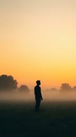 Silhouette of young man standing in misty field at sunrise, contemplative mood with golden sky and fog, suitable for wellness and lifestyle concepts.