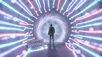 Businessman silhouette walking through futuristic neon tunnel with glowing lights and journey within signpost for personal growth and self-discovery concepts.