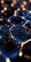 Molecular structure visualization with glowing nodes on dark blue grid background, illuminated by warm bokeh lights creating scientific atmosphere.