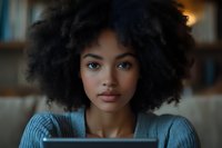 Young African American woman with natural curly afro hair wearing blue sweater looking at digital tablet with confident expression in home office setting.