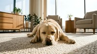 Golden retriever dog lying on carpet in modern living room with natural sunlight streaming through large windows creating cozy home atmosphere.