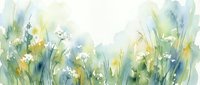 Watercolor wildflower meadow with delicate white blooms and soft green grass in pastel tones for spring botanical artwork and nature-inspired home decor.