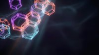 Glowing neon hexagonal molecular structures floating in dark space with vibrant purple, pink and blue light effects for science and technology designs.