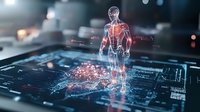 Glowing translucent male figure stands on futuristic circuit board with digital elements and light effects, representing artificial intelligence and technological advancement.