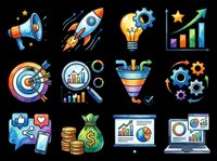 Watercolor business and marketing icon set isolated on transparent background. Includes rocket, megaphone, gears, charts, funnel, coins. Great for clipart, stickers, t-shirt design.