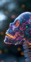 Luminescent crystal skull with glowing neon patterns and mystical symbols against dark background with bokeh lights, showcasing ethereal artistic design.