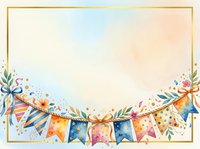 Watercolor floral garland with colorful bunting flags and gold frame border on cream background, isolated design element for invitations, greeting cards, and celebrations.