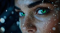 Mesmerizing green eyes with glowing sparkles and glitter makeup on dark skin. Extreme macro beauty portrait with magical fantasy elements and bokeh lights.