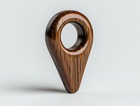 Wooden location pin marker carved from natural wood with textured grain pattern and smooth finish on light background. Suitable for navigation concepts.