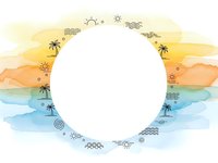 Watercolor tropical sunset frame with palm trees and ocean waves, circular border for summer vacation designs and beach themed projects.