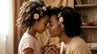 Two young Black females with natural curly hair adorned with floral hair clips share an intimate forehead-to-forehead moment indoors. Warm lighting and neutral tones create a tender family scene suitable for parenting, love, and lifestyle content.