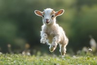 Playful white lamb jumping and frolicking in spring meadow with soft bokeh background, showing pure joy and happiness in natural farm environment.