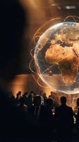 Holographic Earth globe with glowing network connections displayed at business conference with silhouetted audience watching futuristic presentation.