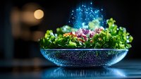 Fresh green salad in glass bowl with magical glowing blue particles rising, creating ethereal atmosphere against dark background. Creative food photography.