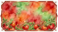 Watercolor tomato garden with red and green wash background, ornate vintage frame border, botanical illustration for culinary, recipe, farming, and kitchen design projects.