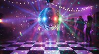 Disco ball spinning with colorful lights and silhouettes dancing on checkered floor at nightclub party with string lights overhead creating retro atmosphere.