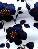 Navy blue flowers with golden stamens on white background create elegant seamless pattern for fabric, wallpaper, and surface design projects.