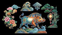 Ornate zodiac boar with traditional Asian decorative elements, isolated on transparent background. Great for stickers, t-shirt design, print on demand, and sublimation crafts.