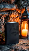 Black hardcover book next to glowing vintage lantern with burning candle on textured stone background, creating mysterious atmospheric mood for reading.