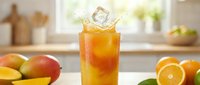 Refreshing mango orange iced drink with ice cube splash in tall glass, fresh tropical fruits on wooden table, bright kitchen background.