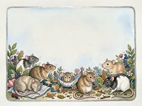 Adorable mice family gathering with floral border frame on watercolor background for greeting cards, invitations and nursery decor projects.