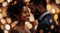 Young African American couple in elegant evening wear share intimate moment against warm bokeh lights background, expressing romance and celebration at formal event.