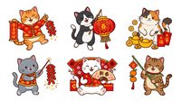Cute cats celebrating lunar new year with traditional decorations, red envelopes, lanterns and firecrackers. Isolated cartoon characters ready for festive design projects and holiday marketing materials.