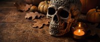 Decorative skull with ornate patterns surrounded by autumn leaves, small pumpkins and glowing candles on rustic wooden surface for Halloween decor.