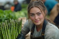 Young Caucasian female farmer in overalls smiling while harvesting fresh green asparagus spears in organic garden. Natural lighting highlights her genuine expression.