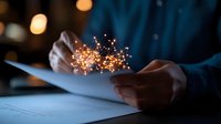Magical glowing sparkles emanating from paper document in dark room with hands holding pages, creating mystical reading atmosphere with bokeh light effects.