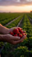 Fresh ripe strawberries cupped in farmer hands at sunset over agricultural field rows. Organic fruit harvest concept for healthy eating and farming.