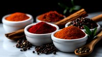 Vibrant aromatic spices in white ceramic bowls with paprika, chili powder, and black peppercorns, cinnamon sticks and fresh herbs on dark background for cooking.